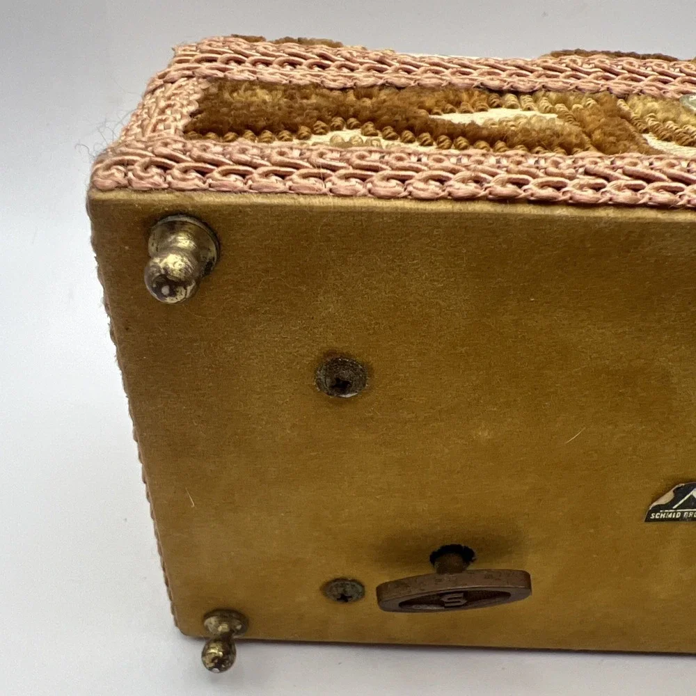 VTG Schmid Bros Tapestry Musical Jewelry Box Love Story Japan WORKS W/ Key 70's